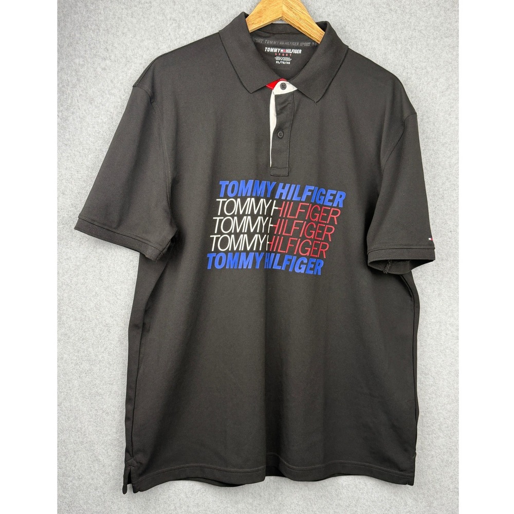Tommy Hilfiger Polo Shirt Mens XL Black Sport Stacked Logo Graphic Short Sleeve